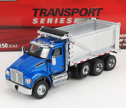 Modelo de camión volquete Kenworth azul con caja plateada a escala 1:50, disponible en Vroomi.