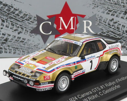 Modelo de coche de rally Porsche 924 Carrera GTS a escala 1:43 con adhesivos de patrocinadores, presentado en la plataforma Vroomi.