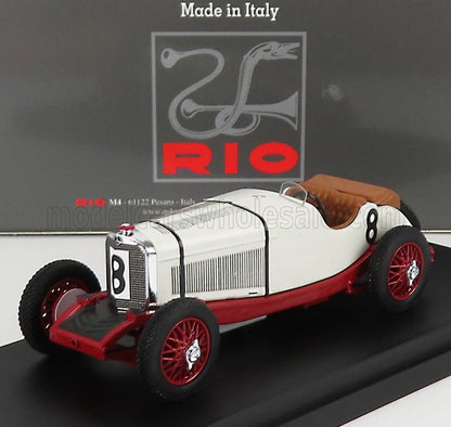 Detailed model of vintage white and red racing car with number 8, leather seat, available via Vroomi