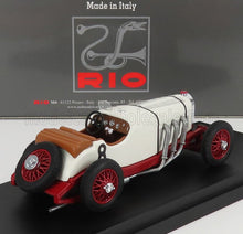 Vintage white and red model race car with brown seat and exhaust pipes, Italian-made, available on Vroomi