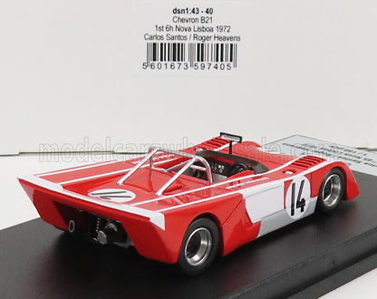 Red and white Chevron B21 race car model #14 from 1972 Nova Lisboa, featured on Vroomi