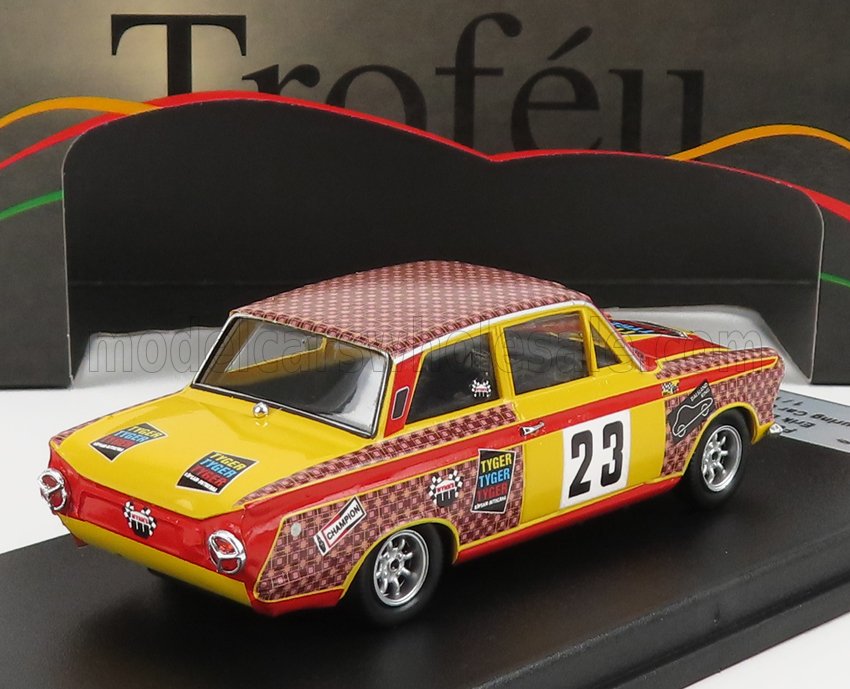Detailed 1:43 scale classic race car model with number 23 and sponsor logos, showcased with Trofeu branding, also sold on Vroomi