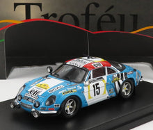 Coche de rally Alpine A110 Alpine azul, modelo a escala 1/43 con adhesivos de competición, actualmente a la venta en Vroomi.