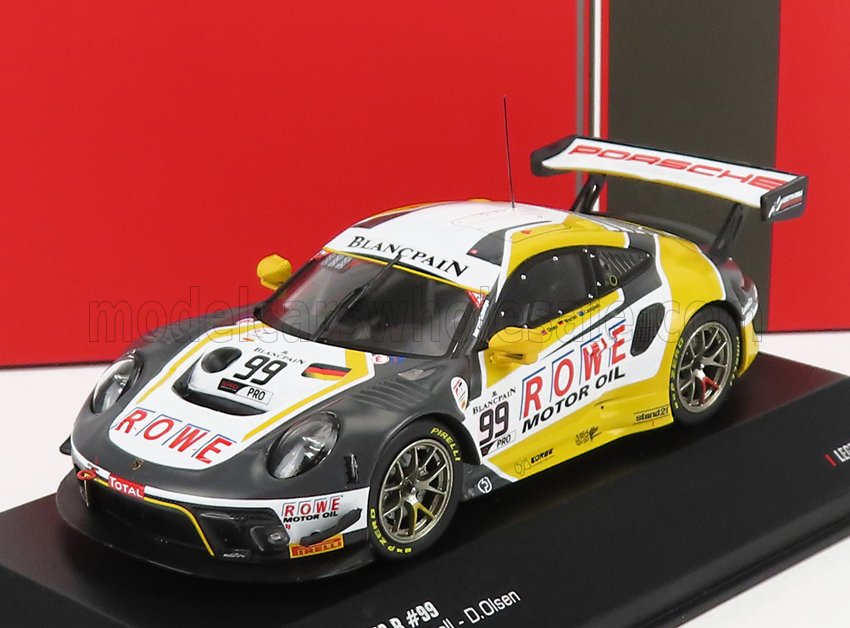 Porsche 911 GT3 R race car model #99 with ROWE Motor Oil livery, displayed on platform, offered on Vroomi