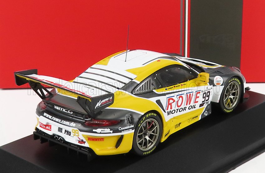 Detailed model of yellow, white, and black Rowe Motor Oil race car model 99 on display, now on Vroomi