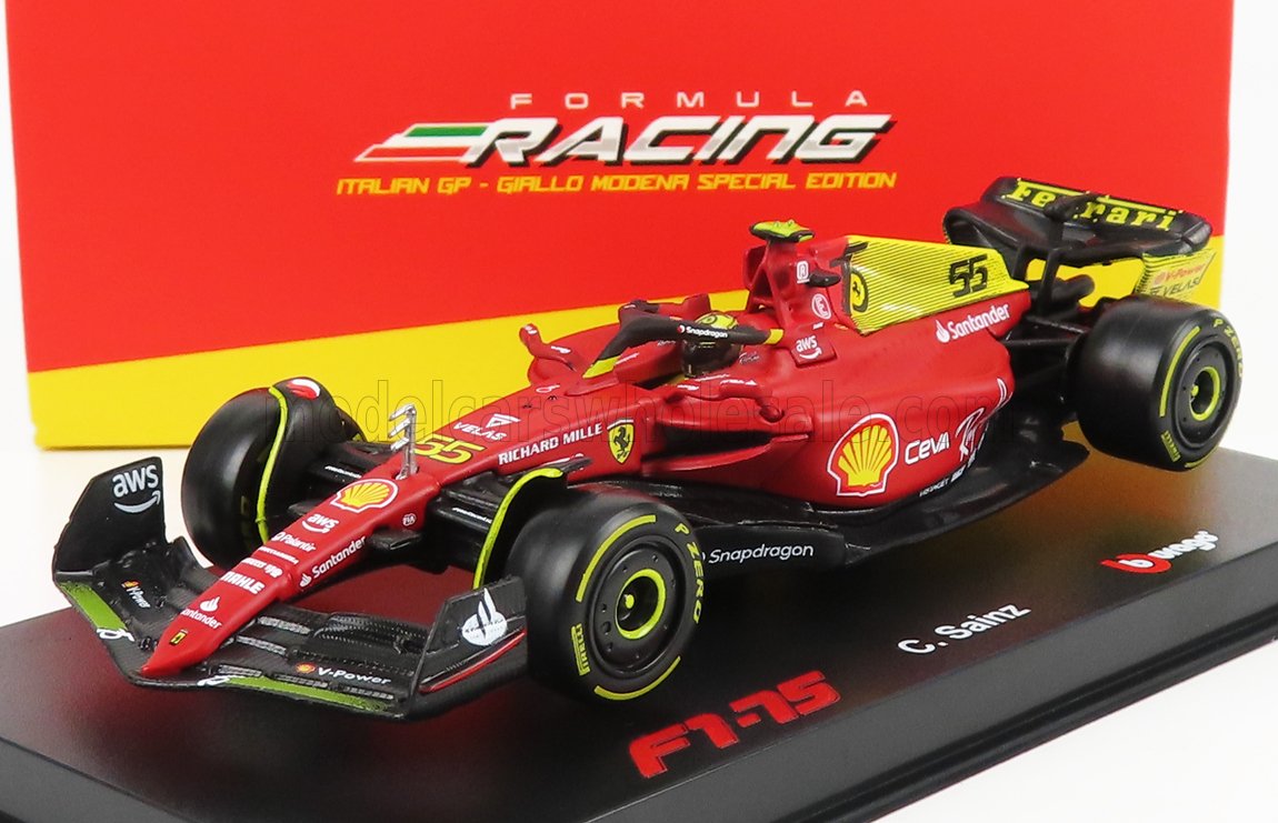 Modelo de coche Ferrari F1-75 rojo con detalles en amarillo y logotipos de patrocinadores, disponible a través de Vroomi.