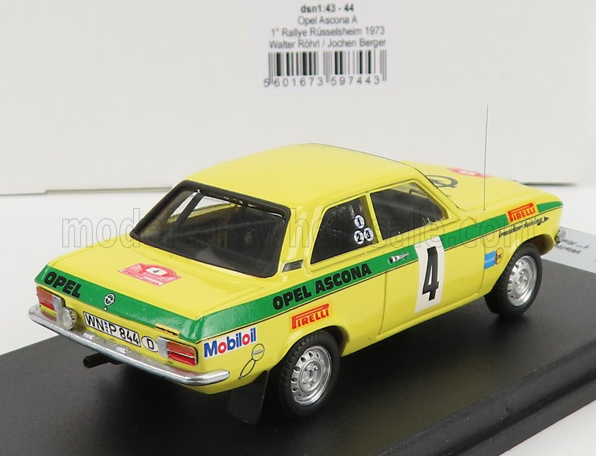 Modelo de coche de rally Opel Ascona amarillo con rayas verdes, número 4, logotipos de Pirelli y Mobil Oil, ofrecido en Vroomi.