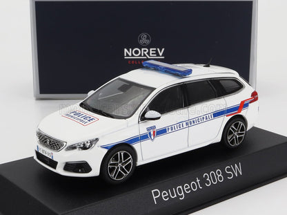 Maqueta a escala del coche blanco Peugeot 308 SW Police Municipale con barra de luces azules, disponible en Vroomi.