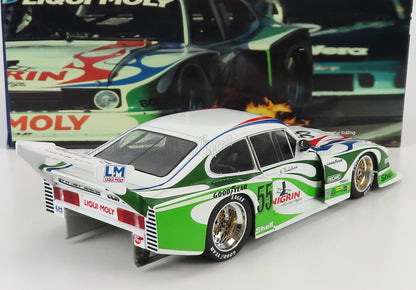 Green and white Porsche 935 race car model with Liqui Moly and Goodyear branding, available on Vroomi