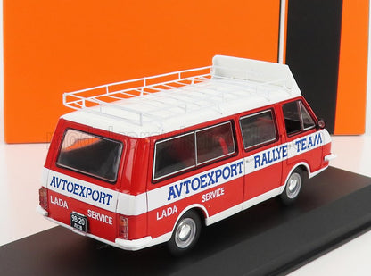 Red and white Lada Avtoexport Rallye Team van model with roof rack, featured on Vroomi