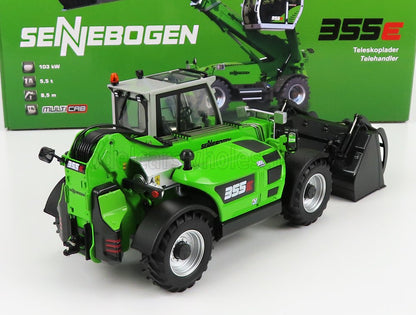 Maqueta a escala del manipulador telescópico Sennebogen 355E, coleccionable, fabricada en metal fundido a presión, con carrocería verde detallada, expuesta en Vroomi.
