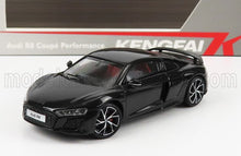 Coche modelo Audi R8 Coupé Performance negro con llantas deportivas, disponible en la plataforma Vroomi.
