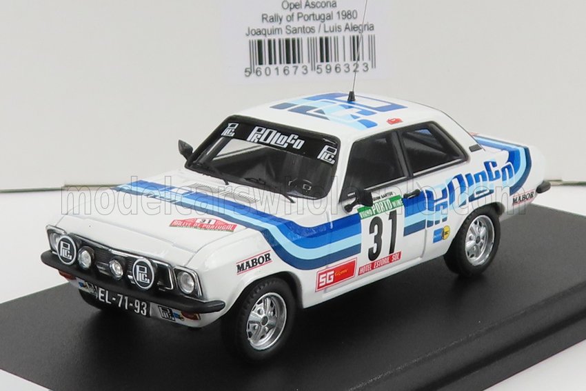 White Opel Ascona Rally Portugal 1980 model car with blue stripes and number 31, available on Vroomi
