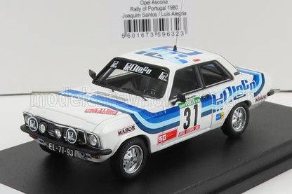 White Opel Ascona Rally Portugal 1980 model car with blue stripes and number 31, available on Vroomi