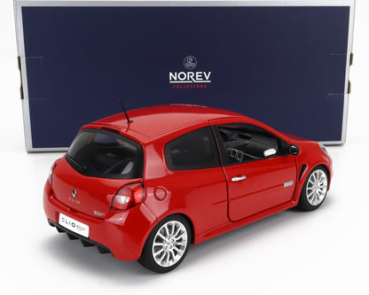 Red Renault Clio Sport model car by Norev Collectors, detailed with silver rims, shown with box, available on Vroomi