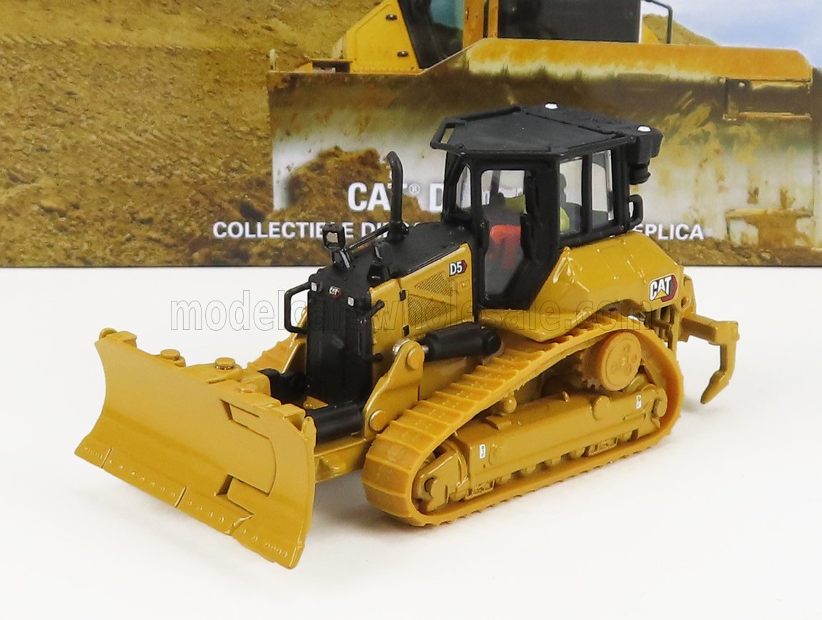 Maqueta detallada a escala de la excavadora Caterpillar D5 amarilla con cabina negra, disponible en Vroomi.