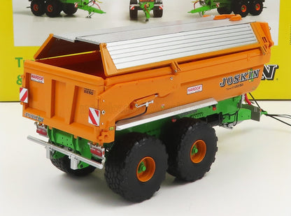 Maqueta detallada a escala de un remolque agrícola Joskin naranja con chasis verde y neumáticos grandes, disponible en Vroomi.