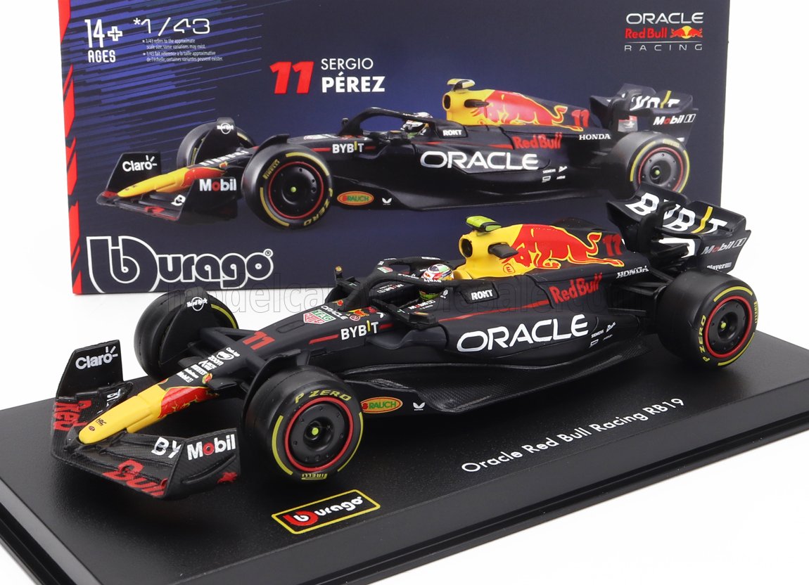 Modelo a escala 1:43 del Oracle Red Bull RB19 de Bburago, con los colores de Sergio Pérez, disponible en Vroomi.