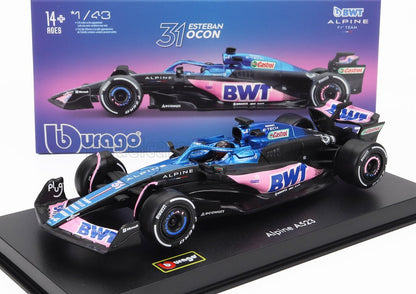 Maqueta a escala 1/43 del coche de Fórmula 1 Alpine de Esteban Ocon, con los colores negro y rosa de BWT, disponible en Vroomi.