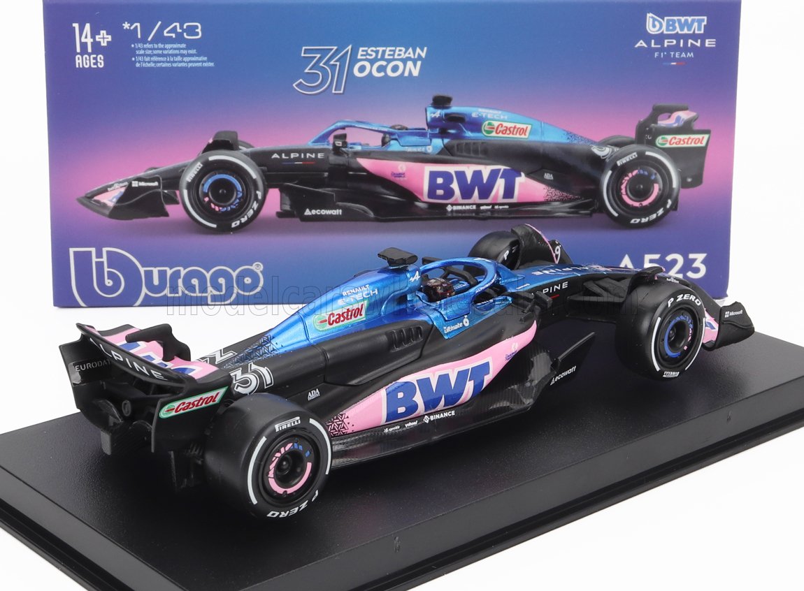 Maqueta a escala 1/43 del coche de Fórmula 1 Alpine de Esteban Ocon en azul y rosa, vendida en Vroomi.