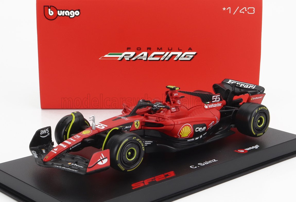 Bburago 1:43 Ferrari SF23 Modelo de coche de carreras de Fórmula 1 del piloto C. Sainz, disponible en Vroomi.