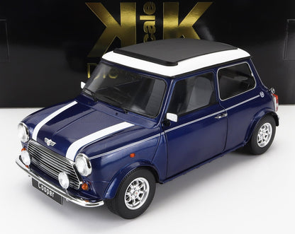 Blue Mini Cooper model car with white racing stripes and roof, detailed features, available on Vroomi