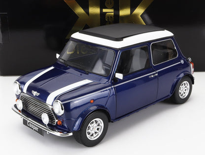 Blue classic Mini Cooper model car with white roof and racing stripes, featured on Vroomi
