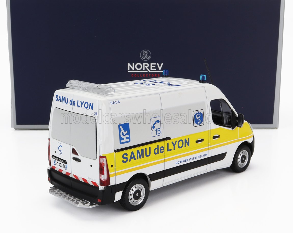 Modelo Norev de la ambulancia SAMU de Lyon con rayas amarillas, disponible en Vroomi.