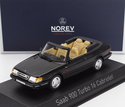 Black Saab 900 Turbo 16 Cabriolet model with beige interior displayed on stand, available on Vroomi