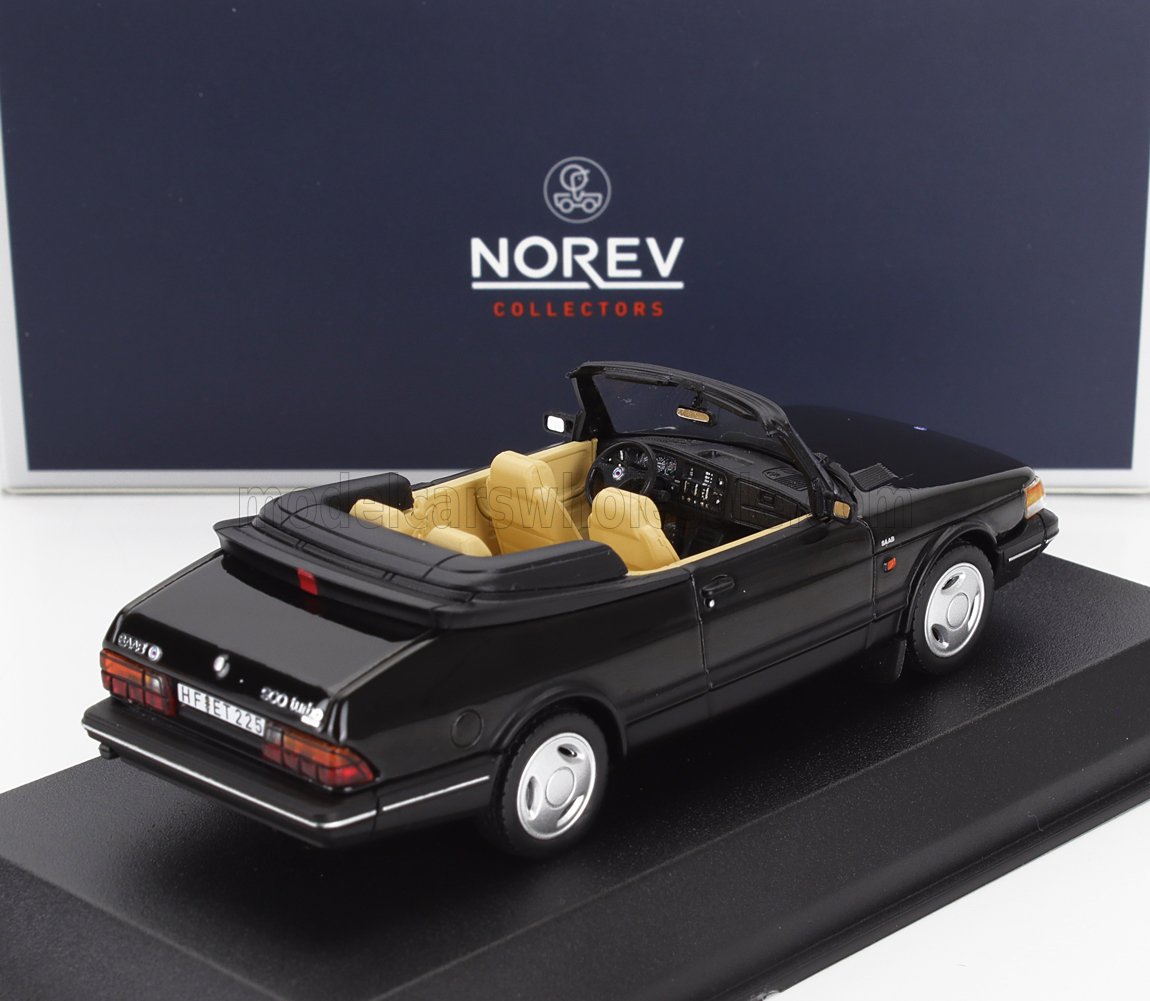 Norev black Saab 900 Turbo convertible model car with tan interior on display, offered on Vroomi