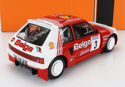 Modelo de coche de rally Peugeot Talbot rojo y blanco con los colores del equipo Belga, disponible en Vroomi.