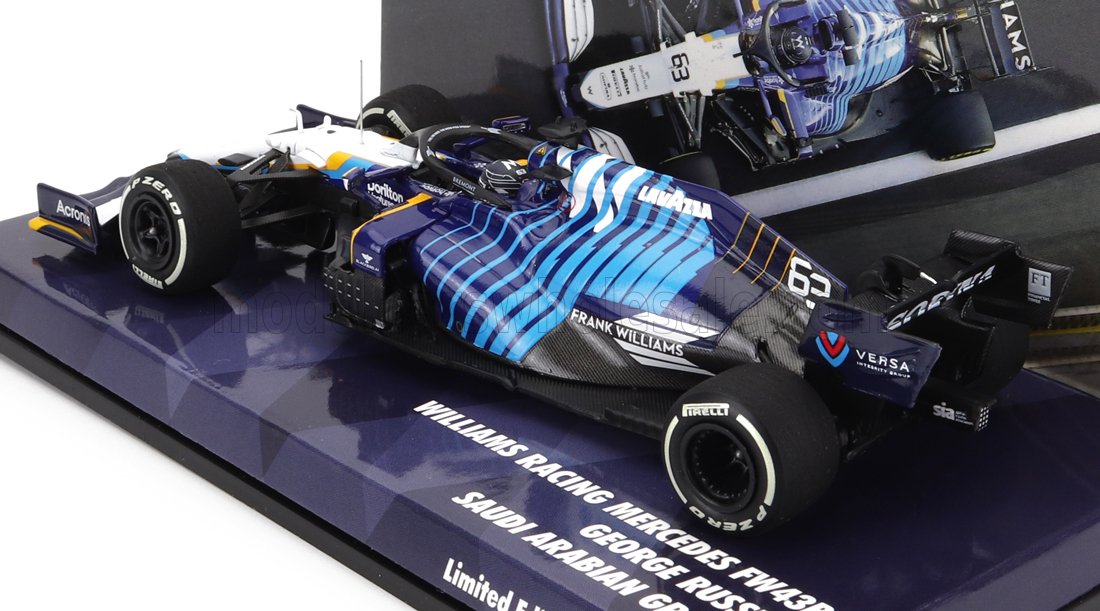 Coche de carreras Williams Racing FW43B de Fórmula 1 pilotado por George Russell con decoración azul, presentado con disponibilidad en Vroomi.