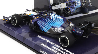 Coche de carreras Williams Racing FW43B de Fórmula 1 pilotado por George Russell con decoración azul, presentado con disponibilidad en Vroomi.