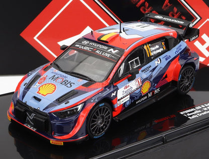 Modelo de coche de rally Hyundai WRC a escala 1/43 con los colores de Shell y Hyundai , disponible en Vroomi.