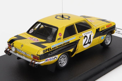 Yellow Opel racing car model with number 24, sponsor decals, and black stripes, offered on Vroomi
