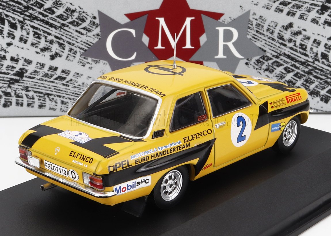 Maqueta a escala del Opel Ascona 1.9 Euro Handler Team amarillo con adhesivos de carreras, aparecido en Vroomi.