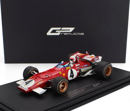 Detailed GP Replicas 1970 Ferrari 312B F1 model car with No.4 livery, showcased on black base, in stock on Vroomi
