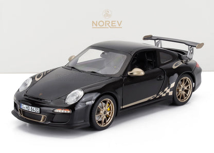 Modelo de coche Porsche 911 GT3 negro con detalles dorados y alerón trasero, disponible a través de Vroomi.