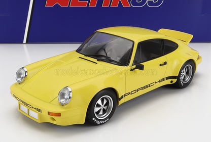 Yellow Porsche 930 model car with black side stripe and rear spoiler, available on Vroomi