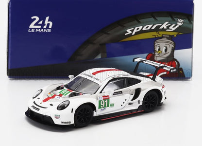 White Porsche 911 RSR model car with 24h Le Mans decals, displayed with Sparky tire box, available on Vroomi