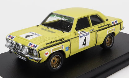 Yellow vintage Opel rally car model with Mobil and Irmscher logos, race number 4, shown on black display and offered on Vroomi