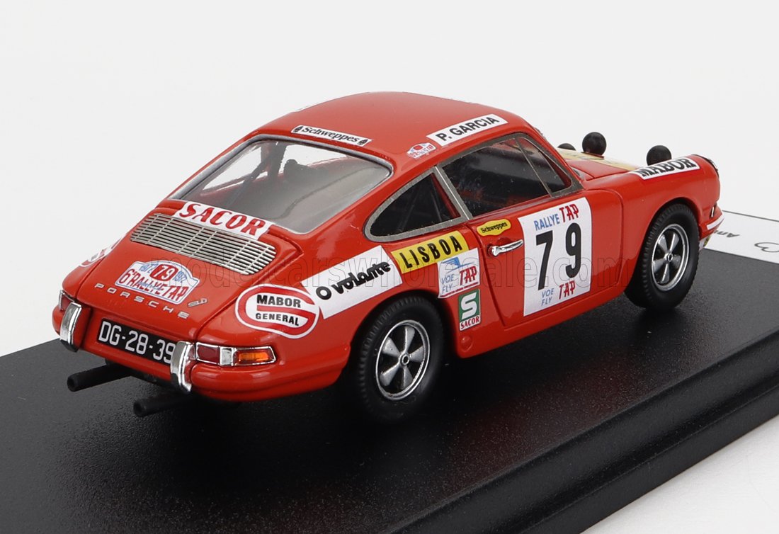 Red Porsche 911 race car model with number 79 and sponsor decals, featured on a black display base, available on Vroomi