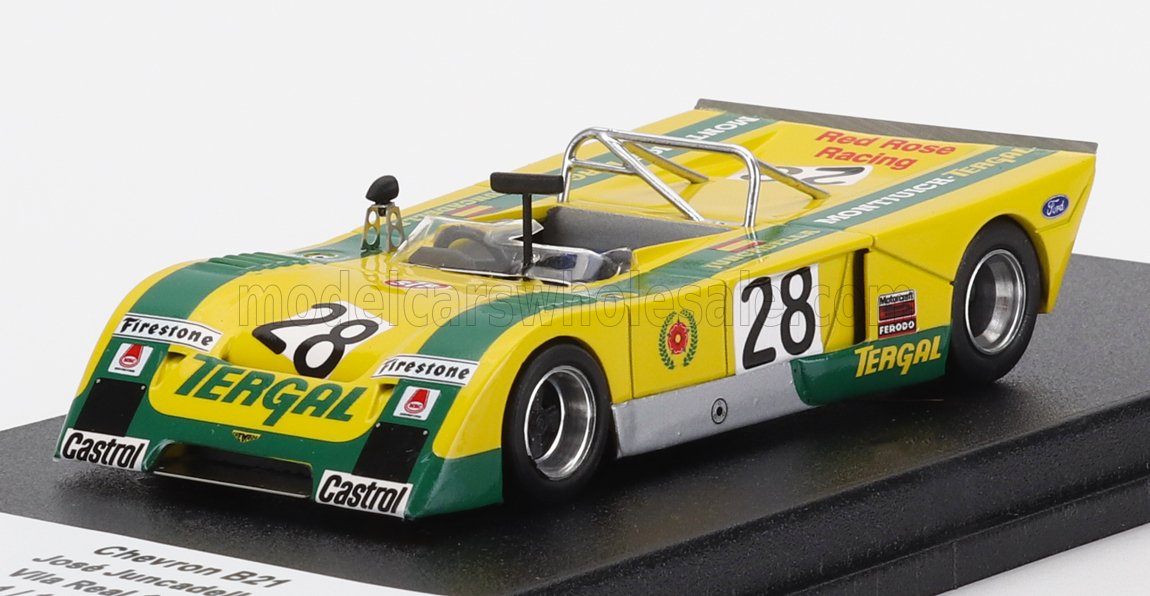 Yellow and green Chevron B21 race car model with number 28, Tergal and Firestone logos, offered on Vroomi