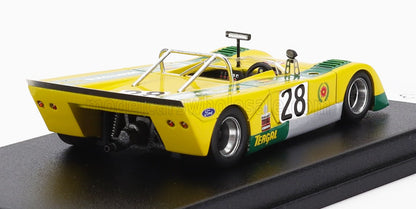 Yellow and green vintage race car model number 28 with Ford and Tergal logos, showcased on a black base, available on Vroomi platform