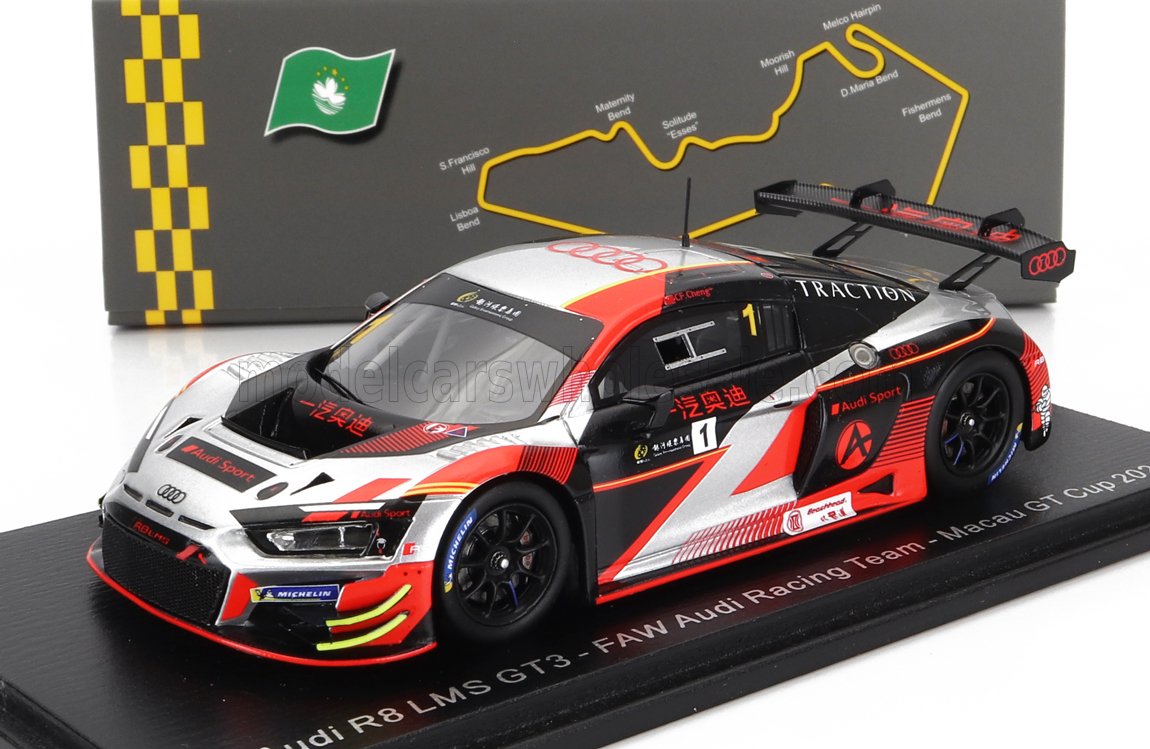 Coche modelo Audi R8 LMS GT3 del equipo FAW Audi Racing Team en la Macau GT Cup 2021, disponible en Vroomi.