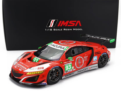 Maqueta de coche Acura NSX GT3 IMSA a escala 1:18 en color rojo con adhesivos de carreras, disponible para coleccionistas en Vroomi.