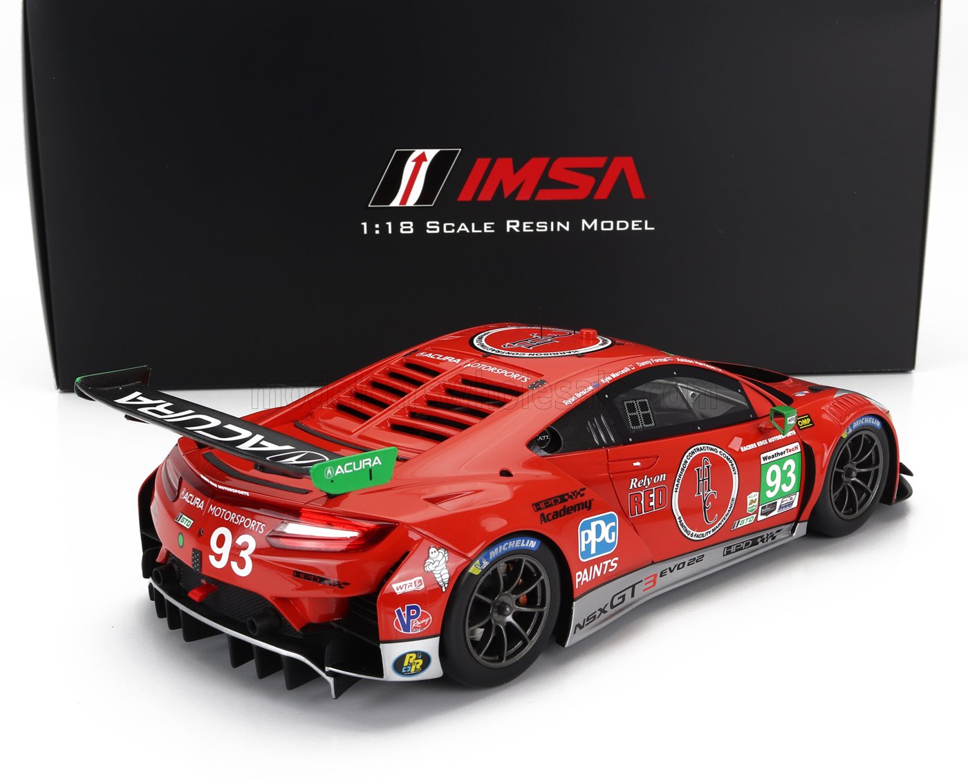 Modelo de coche Acura NSX GT3 IMSA rojo a escala 1:18 con adhesivos de carreras, actualmente disponible para su compra online.