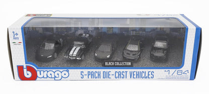 Set de 5 coches a escala 1/64 de la colección negra de Burago, disponibles en Vroomi.