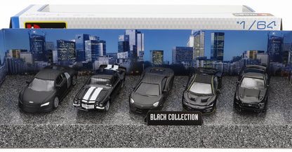 Colección de coches en miniatura a escala 1/64 en color negro con modelos Audi, clásicos, Lamborghini, deportivos y Mustang, ahora disponible en Vroomi.