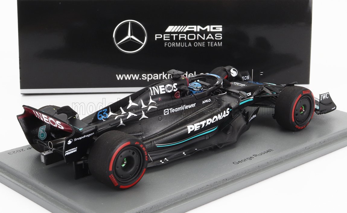 Mercedes AMG Petronas Formula 1 car model with black livery, INEOS and Petronas branding, shown on display base, offered on Vroomi